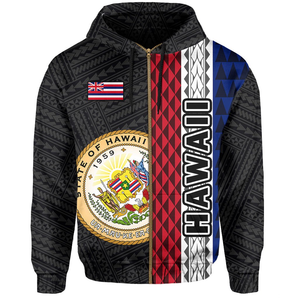 Polynesian Kakau Hawaii Flag Seal of Hawaii Zip Hoodie Yellow - Polynesian Pride