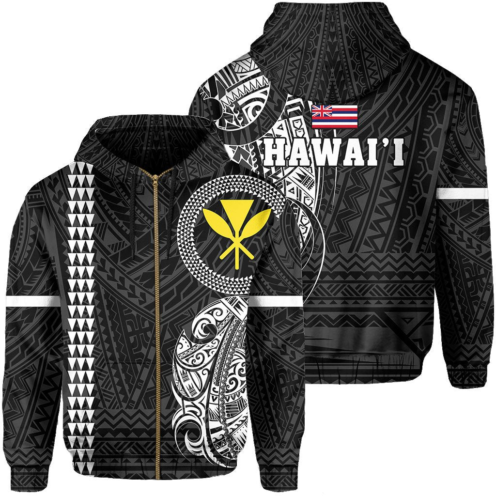 Polynesian Kakau Kanaka Flag of Hawaii Zip Hoodie White Unisex White - Polynesian Pride