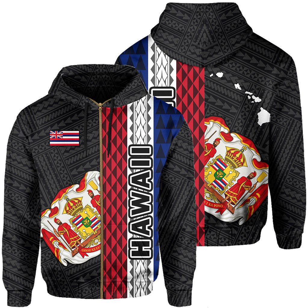 Polynesian Kakau Hawaii Flag Royal Coat of Arms Hawaii Zip Hoodie White Unisex White - Polynesian Pride