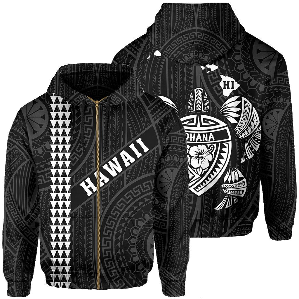 Polynesian Kakau Turtle Ohana Map of Hawaii Zip Hoodie White Unisex White - Polynesian Pride