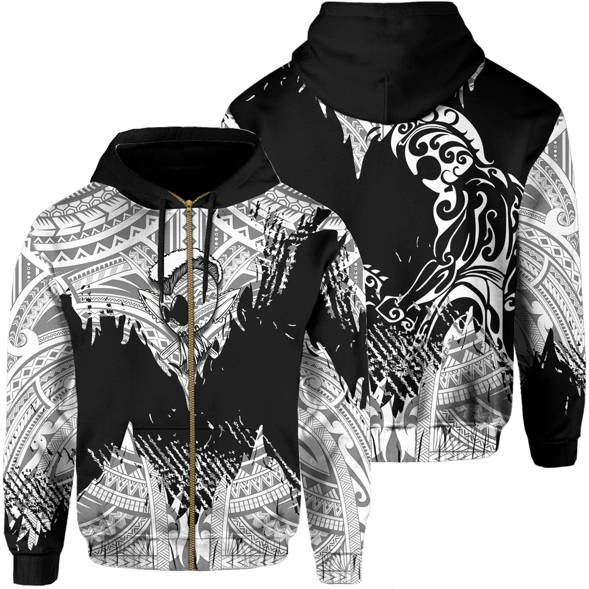 Hawaii Polynesian Hoodie Zip Warrior Ikaika Benjamin Style White Unisex Black - Polynesian Pride