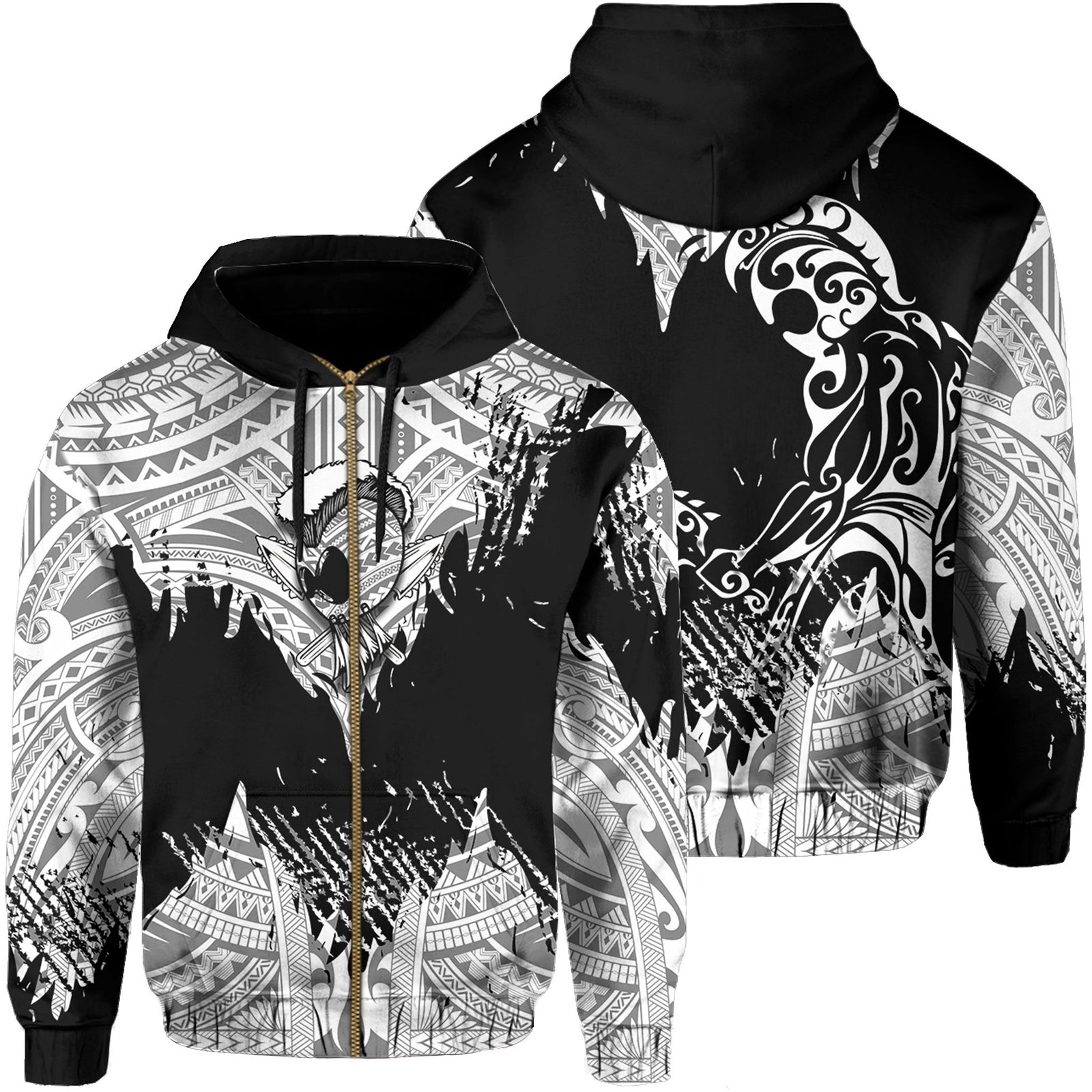 Hawaii Polynesian Hoodie Zip Warrior Ikaika Benjamin Style White Unisex Black - Polynesian Pride