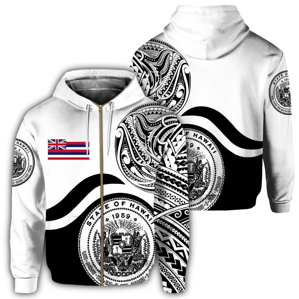 Hawaii Coat of Arms Zip Hoodie Waveshape Style White Unisex Art - Polynesian Pride