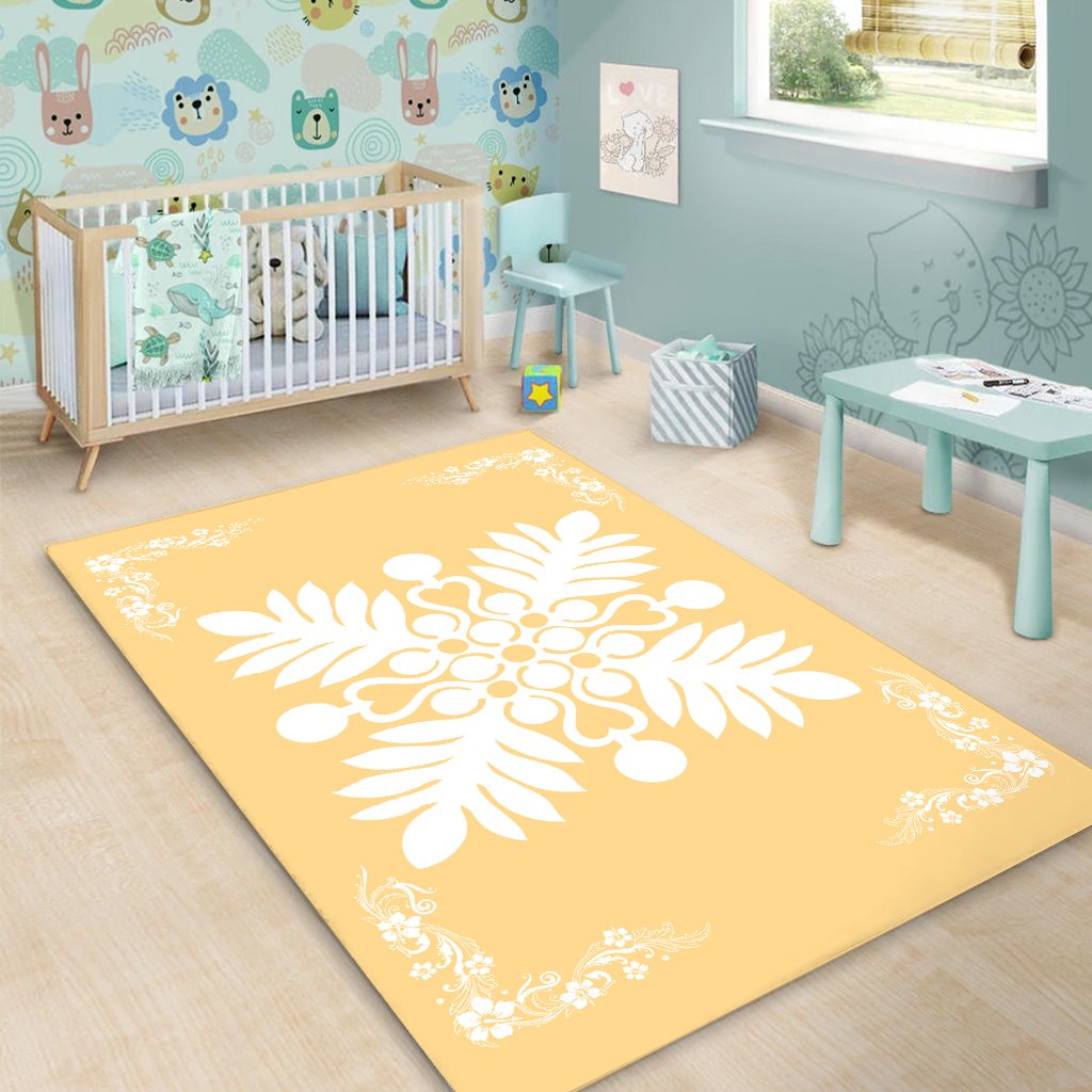 Hawaiian Quilt Maui Plant And Hibiscus Pattern Area Rug - White Beige - AH - Polynesian Pride