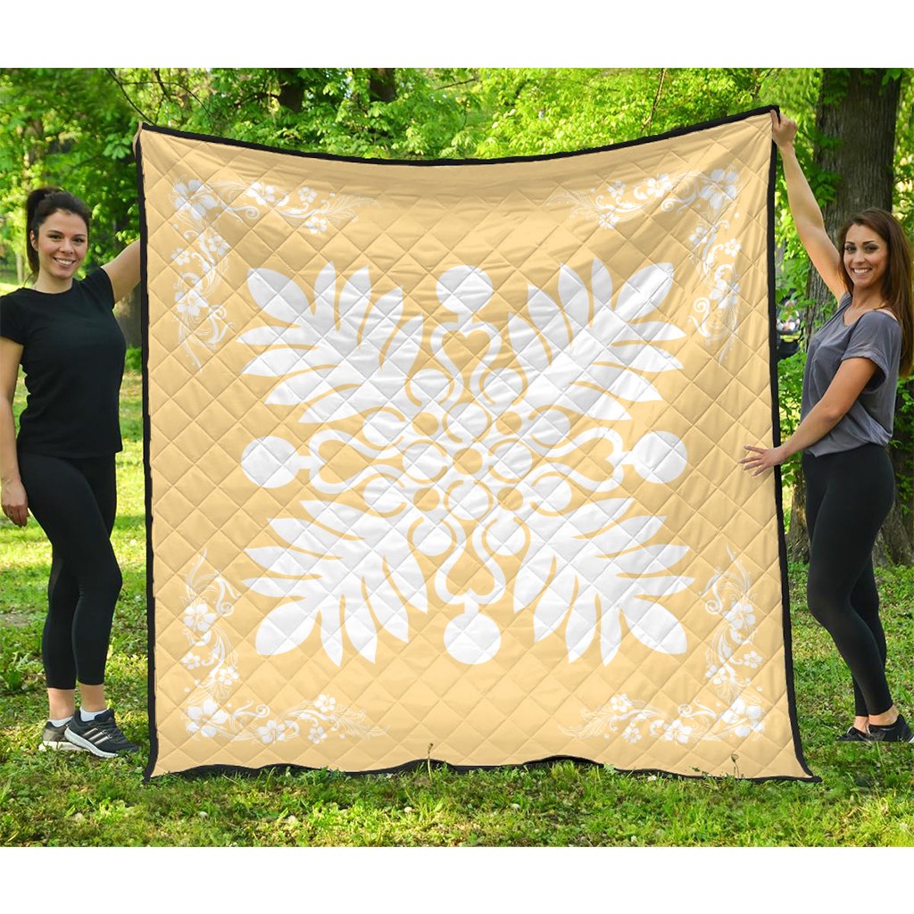 Hawaiian Quilt Maui Plant And Hibiscus Premium Quilt - White Beige - AH White - Polynesian Pride