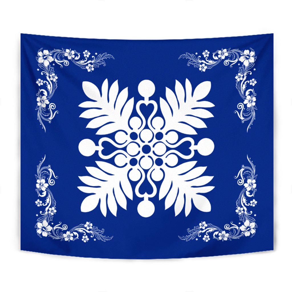 Hawaiian Quilt Maui Plant And Hibiscus Tappestry - White Blue - AH Wall Tapestry White - Polynesian Pride
