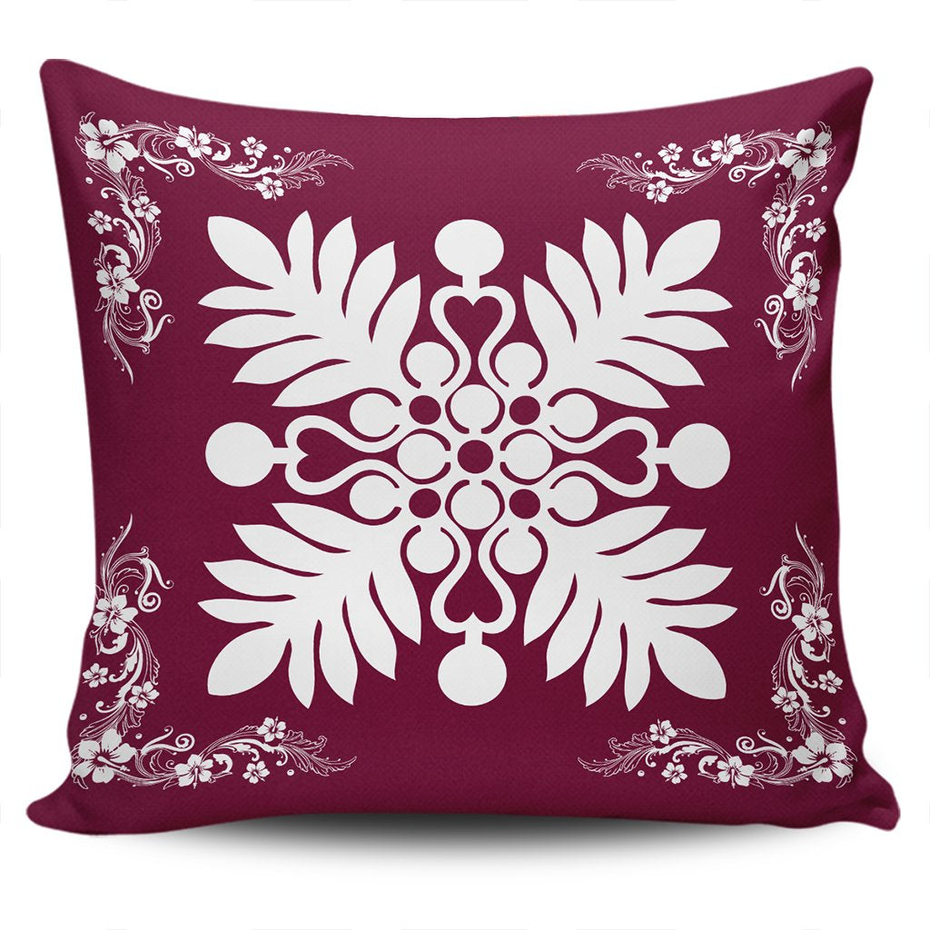 Hawaiian Quilt Maui Plant And Hibiscus Pattern Pillow Covers - White Burgundy - AH One Size White - Polynesian Pride