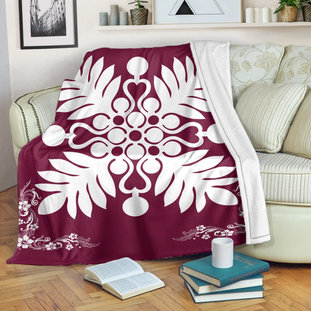 Hawaiian Quilt Maui Plant And Hibiscus Premium Blanket - White Burgundy - AH White - Polynesian Pride