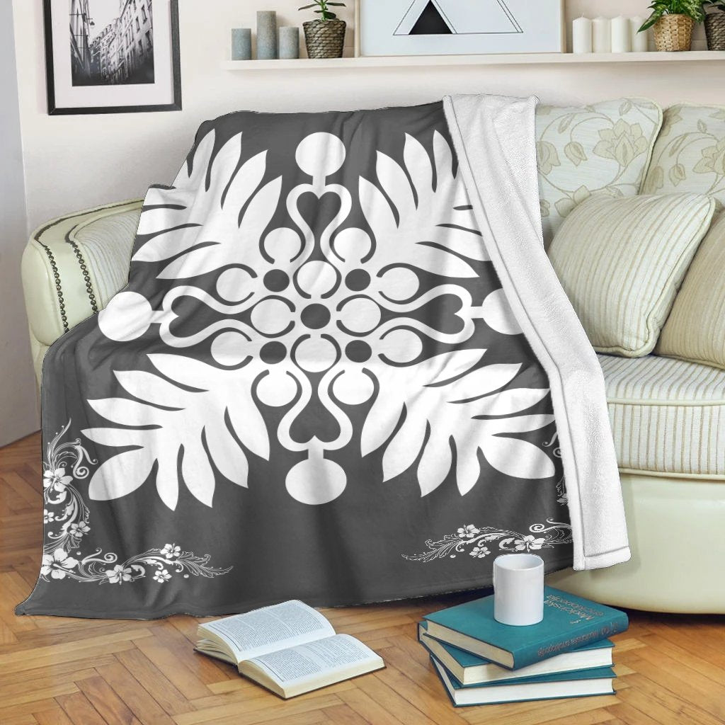 Hawaiian Quilt Maui Plant And Hibiscus Premium Blanket - White Gray - AH White - Polynesian Pride