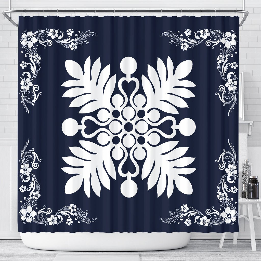 Hawaiian Quilt Maui Plant And Hibiscus Shower Curtain - White Indigo - AH 177 x 172 (cm) White - Polynesian Pride