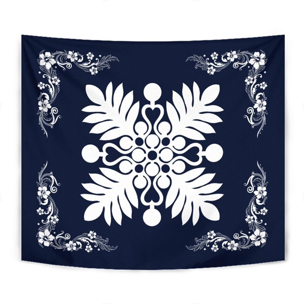 Hawaiian Quilt Maui Plant And Hibiscus Tappestry - White Indigo - AH Wall Tapestry White - Polynesian Pride