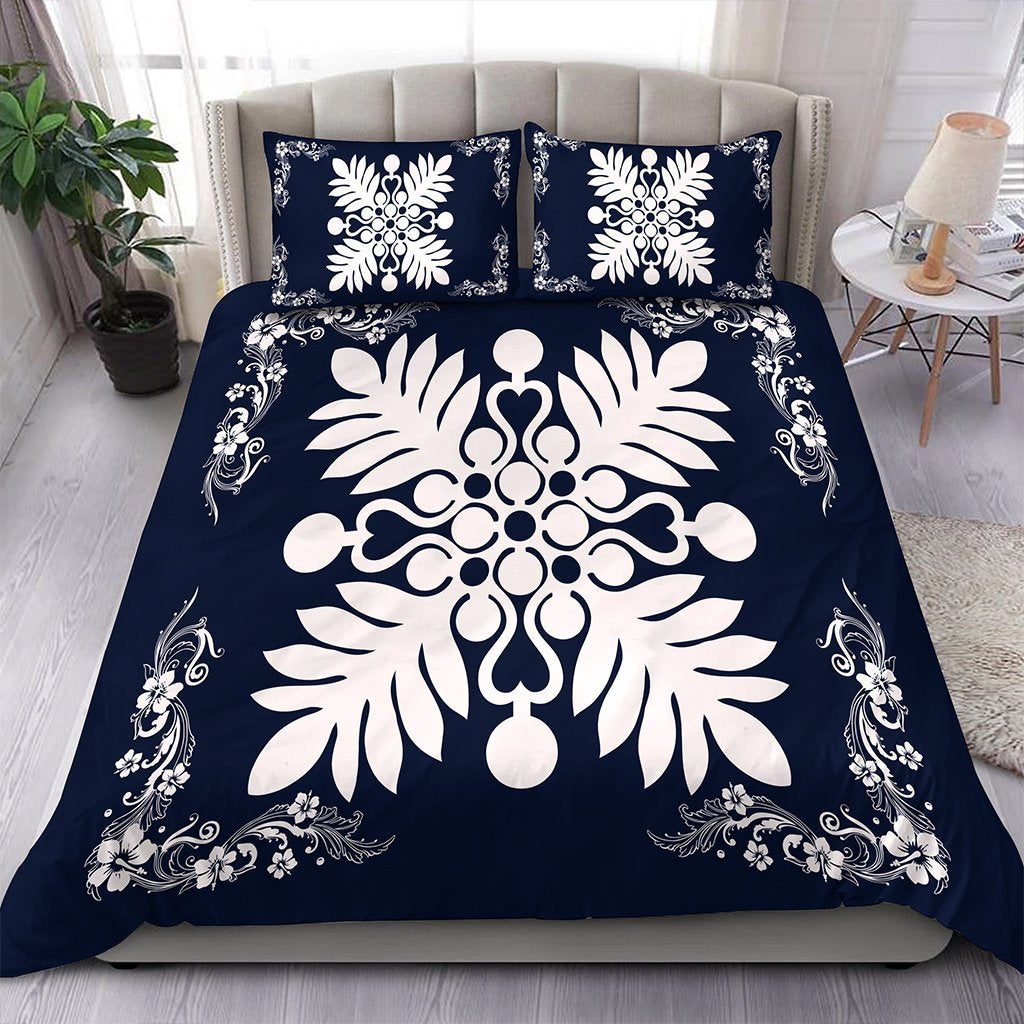 Hawaiian Quilt Maui Plant And Hibiscus Pattern Bedding Set - White Indigo - AH White - Polynesian Pride