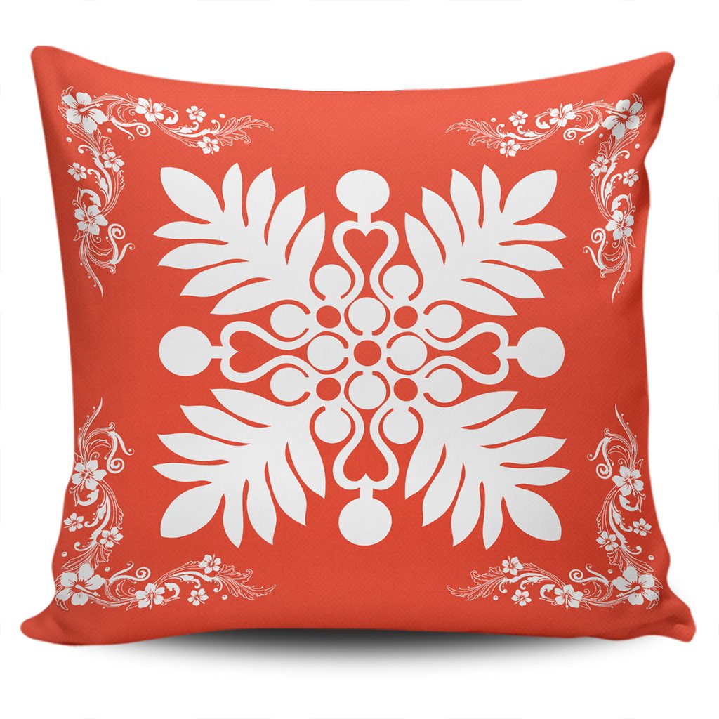 Hawaiian Quilt Maui Plant And Hibiscus Pattern Pillow Covers - White Orange - AH One Size White - Polynesian Pride