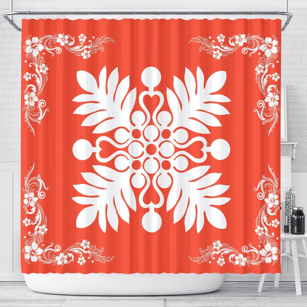 Hawaiian Quilt Maui Plant And Hibiscus Shower Curtain - White Orange - AH 177 x 172 (cm) White - Polynesian Pride