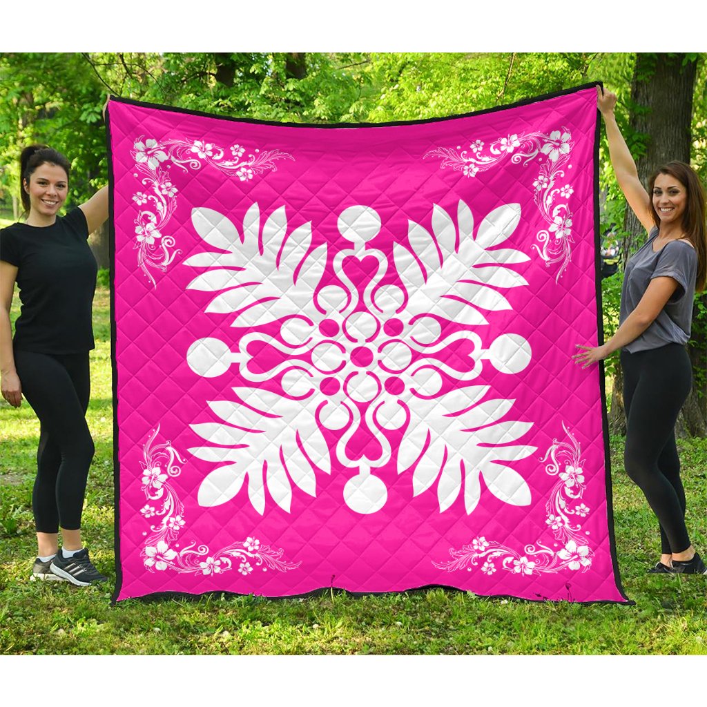 Hawaiian Quilt Maui Plant And Hibiscus Premium Quilt - White Pink - AH White - Polynesian Pride