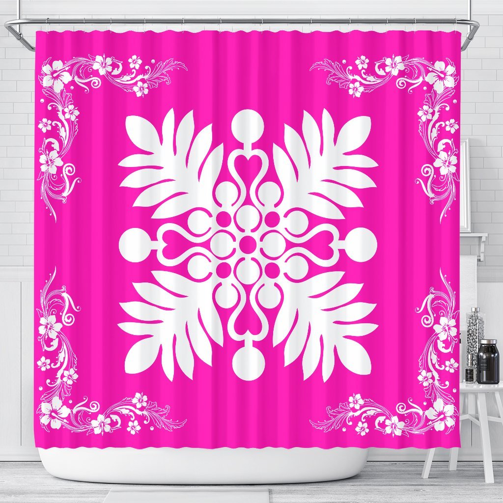 Hawaiian Quilt Maui Plant And Hibiscus Shower Curtain - White Pink - AH 177 x 172 (cm) White - Polynesian Pride