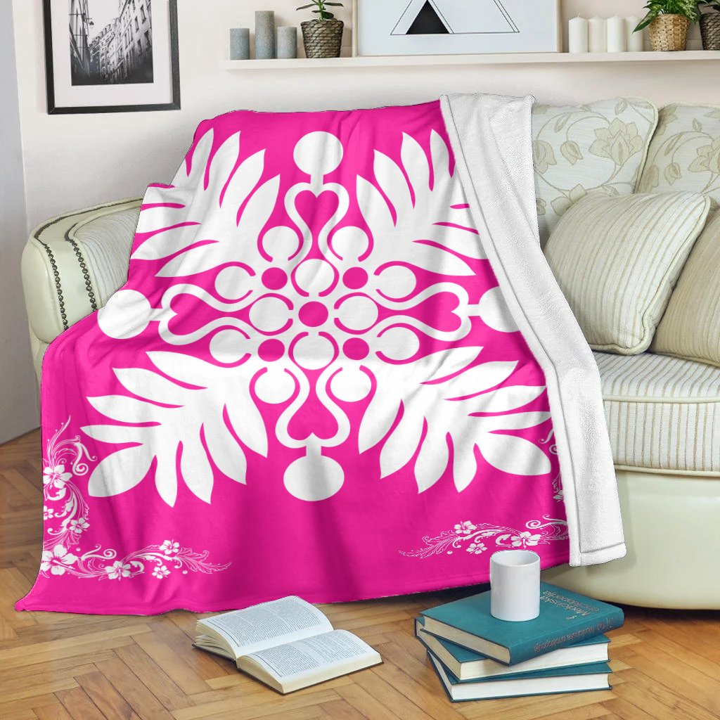 Hawaiian Quilt Maui Plant And Hibiscus Premium Blanket - White Pink - AH White - Polynesian Pride