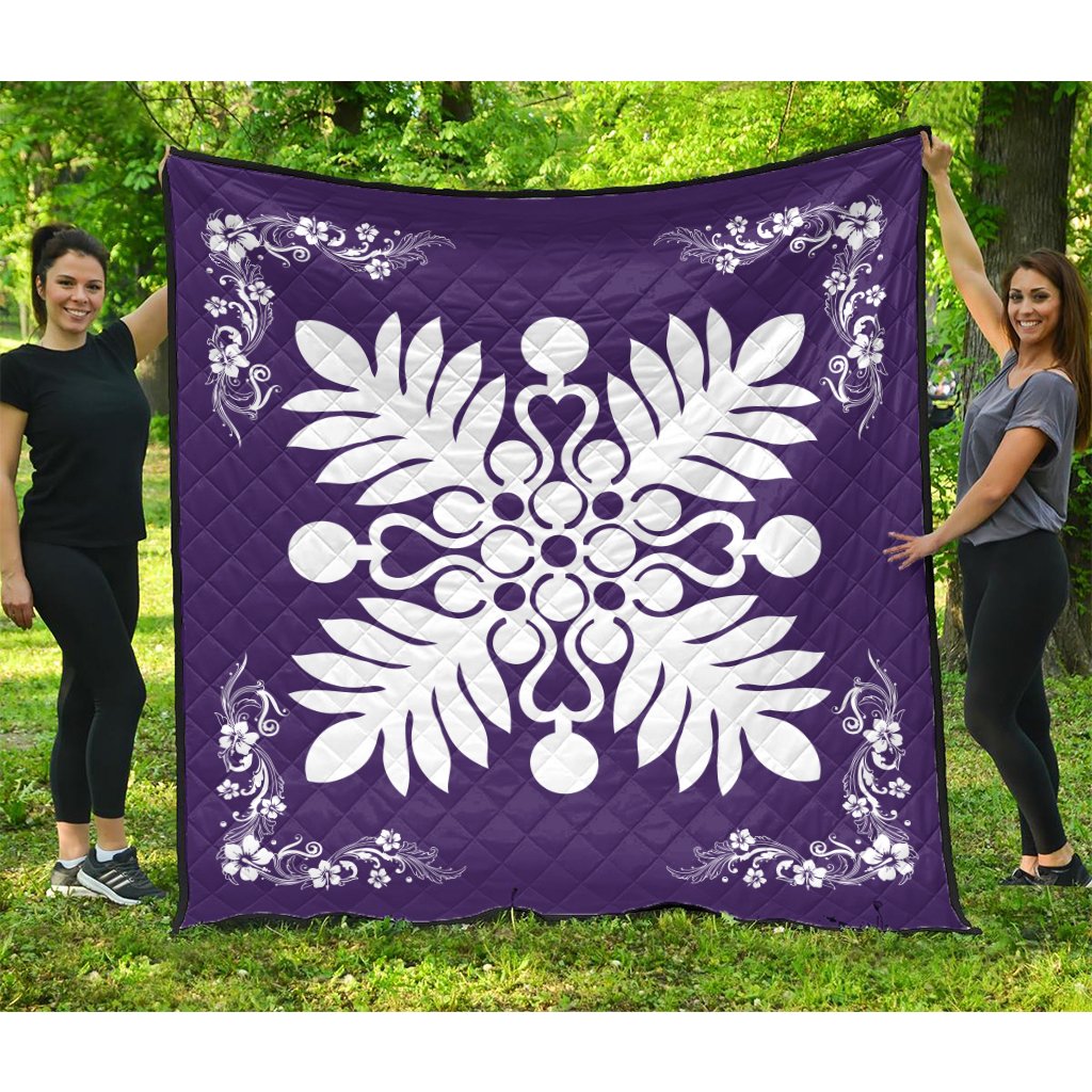 Hawaiian Quilt Maui Plant And Hibiscus Premium Quilt - White Purple - AH White - Polynesian Pride