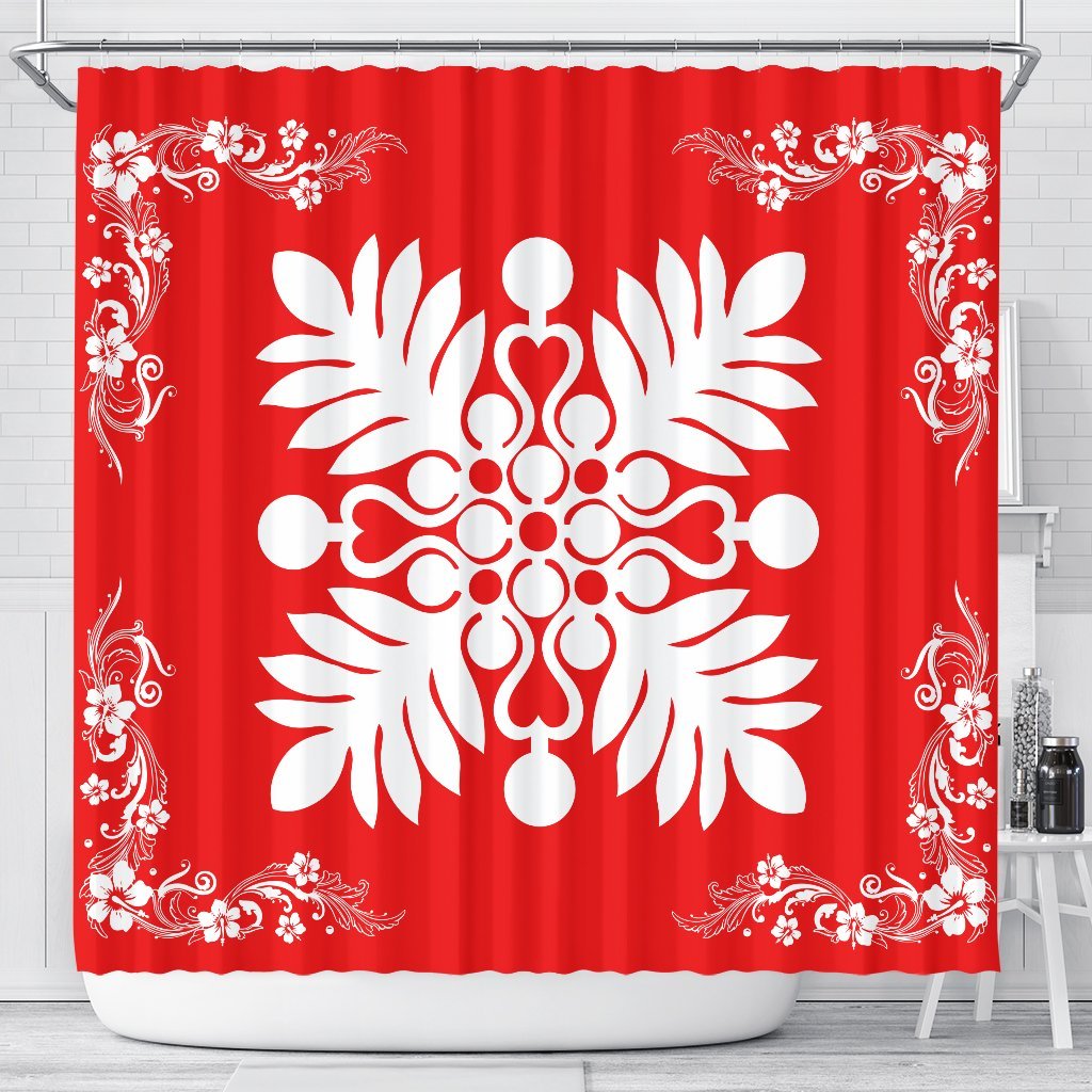 Hawaiian Quilt Maui Plant And Hibiscus Shower Curtain - White Red - AH 177 x 172 (cm) White - Polynesian Pride