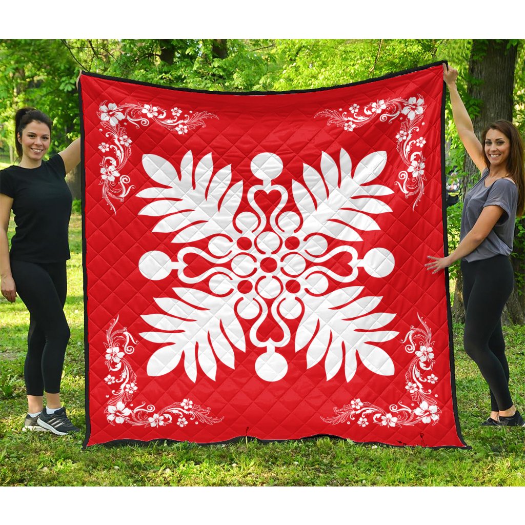 Hawaiian Quilt Maui Plant And Hibiscus Premium Quilt - White Red - AH White - Polynesian Pride