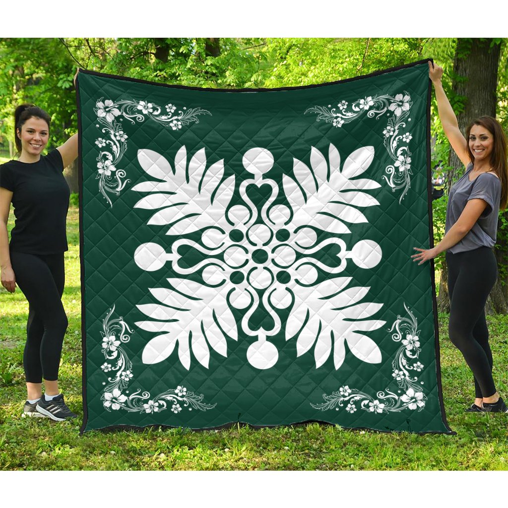 Hawaiian Quilt Maui Plant And Hibiscus Premium Quilt - White Sacramento - AH White - Polynesian Pride