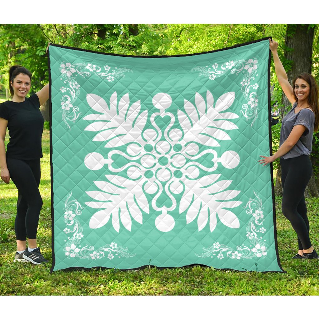 Hawaiian Quilt Maui Plant And Hibiscus Premium Quilt - White Seafoarm - AH White - Polynesian Pride