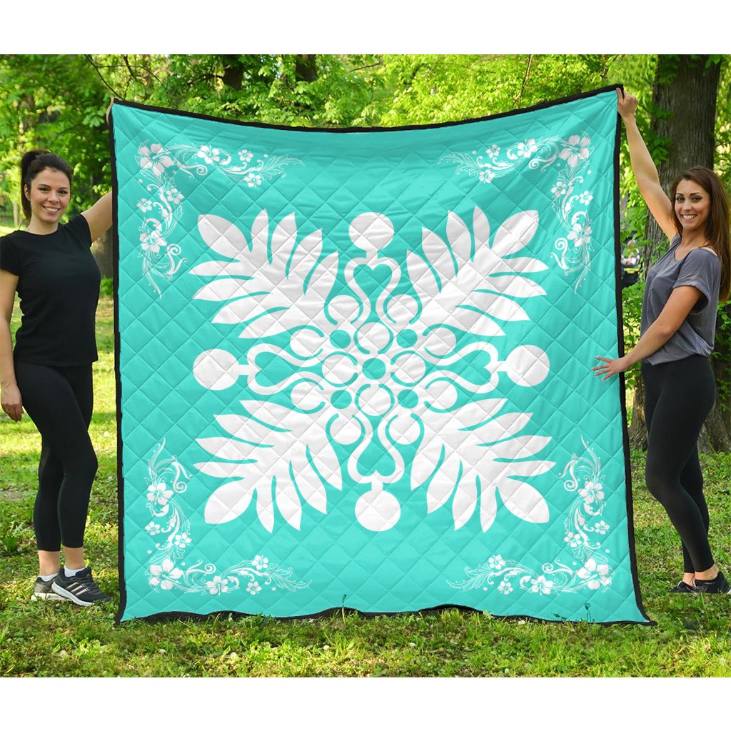 Hawaiian Quilt Maui Plant And Hibiscus Premium Quilt - White Turquoise - AH White - Polynesian Pride