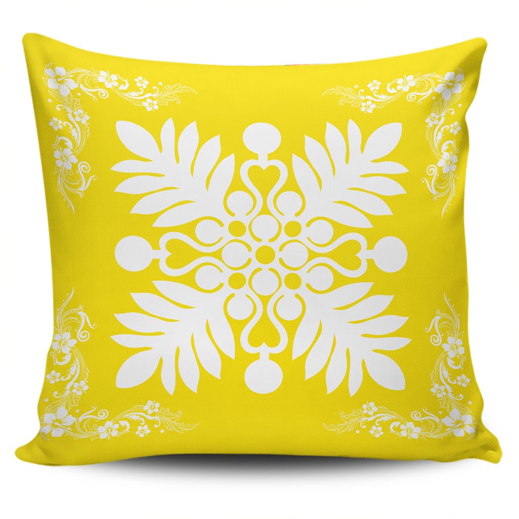 Hawaiian Quilt Maui Plant And Hibiscus Pattern Pillow Covers - White Yellow - AH One Size White - Polynesian Pride