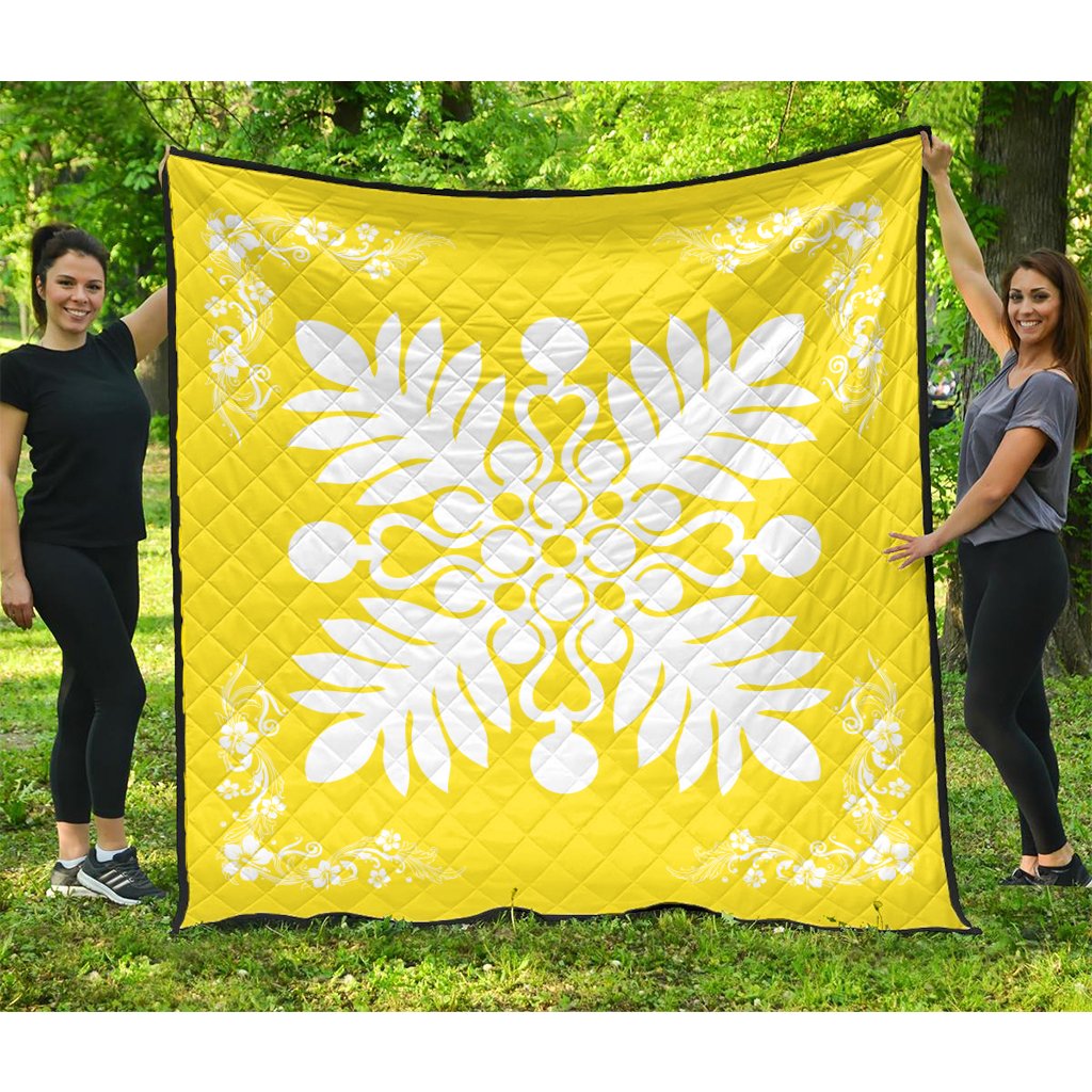 Hawaiian Quilt Maui Plant And Hibiscus Premium Quilt - White Yellow - AH White - Polynesian Pride