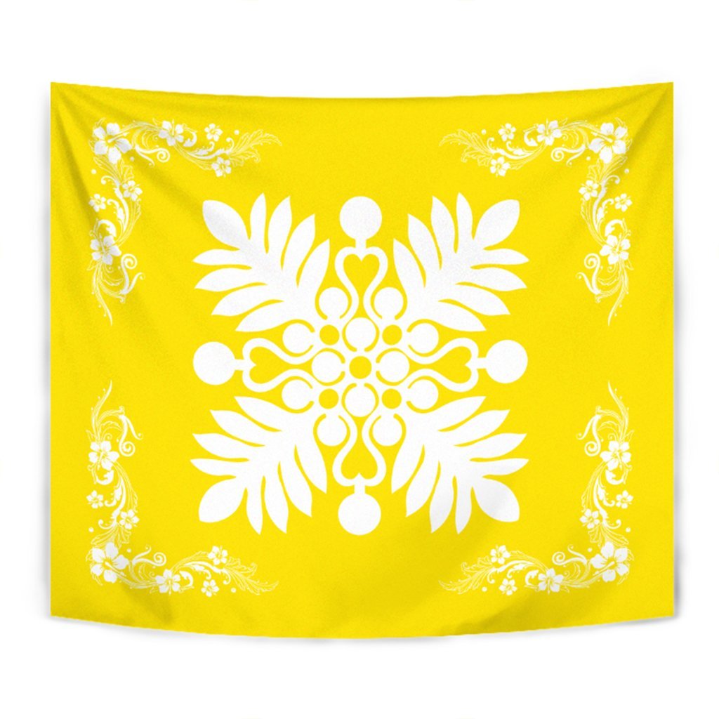 Hawaiian Quilt Maui Plant And Hibiscus Tappestry - White Yellow - AH Wall Tapestry White - Polynesian Pride