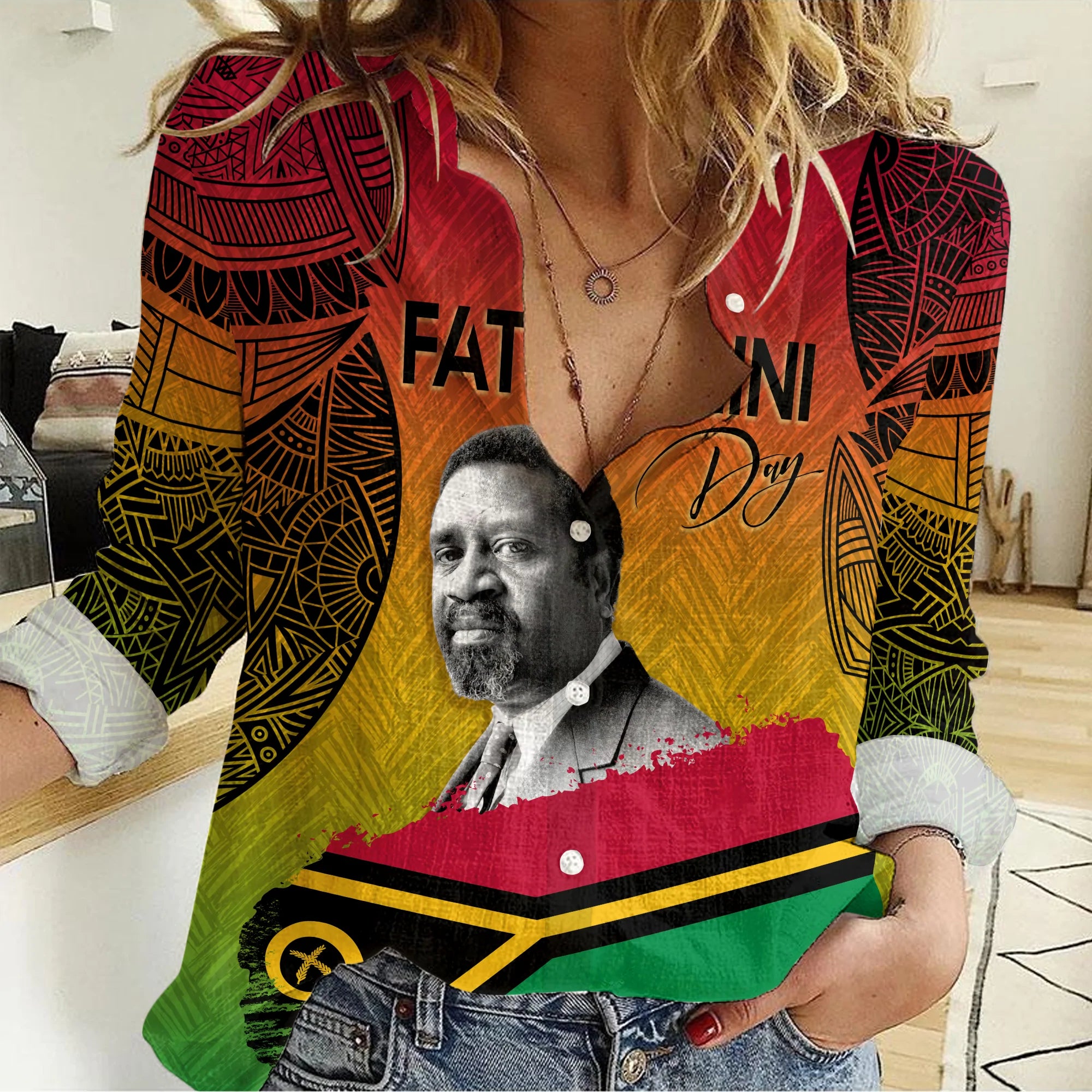 Vanuatu Father Lini Quote Women Casual Shirt Flag Style - Black LT7 Female Art - Polynesian Pride