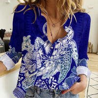 Queen Salote College Tonga Women Casual Shirt Kupesi Style - Ver02 LT7 Female Blue - Polynesian Pride