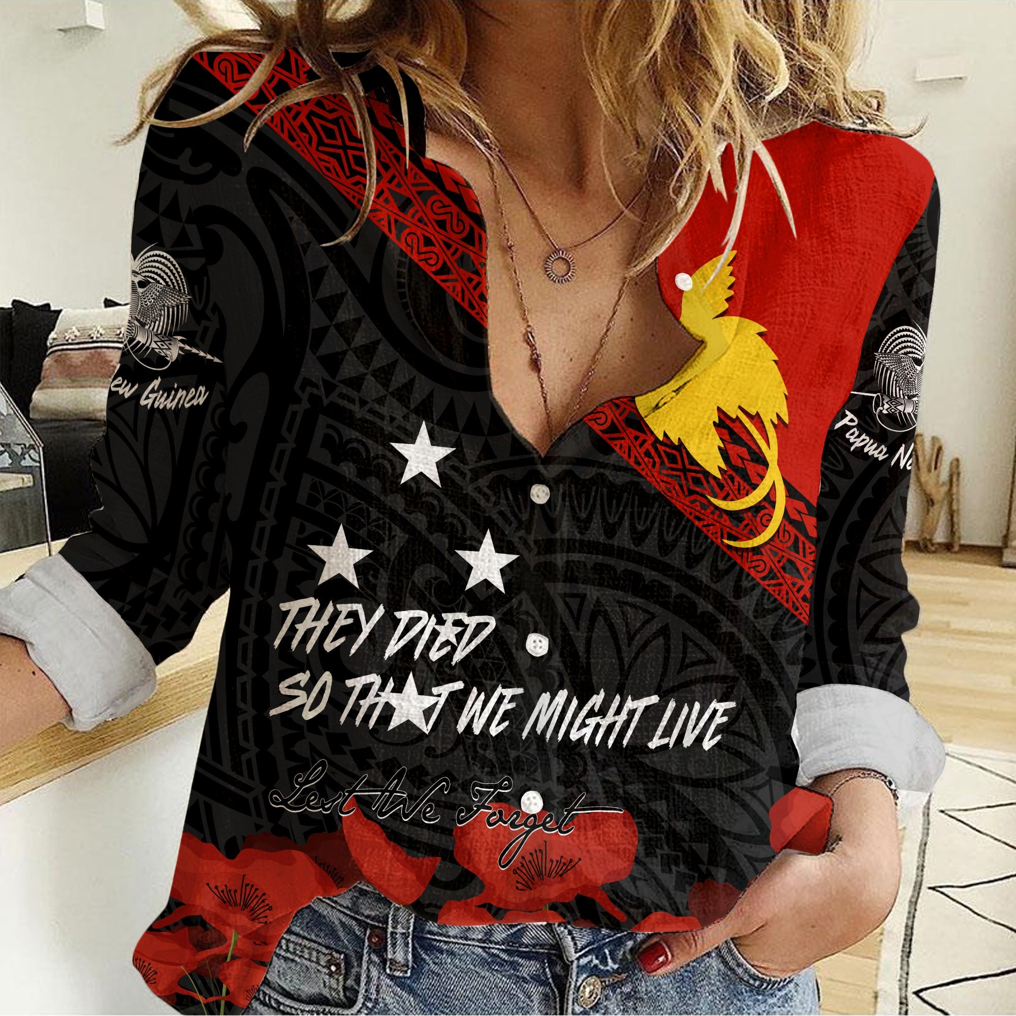 Papua New Guinea Women Casual Shirt PNG Remembrance Day LT7 Female Black - Polynesian Pride
