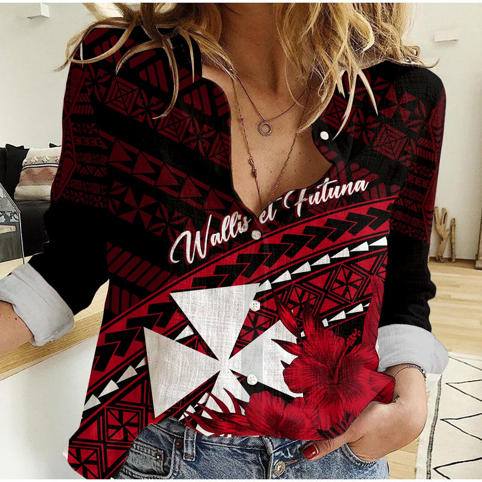 Wallis et Futuna Personalised Women Casual Shirt Tapa Hibiscus Vibes LT7 Female Red - Polynesian Pride