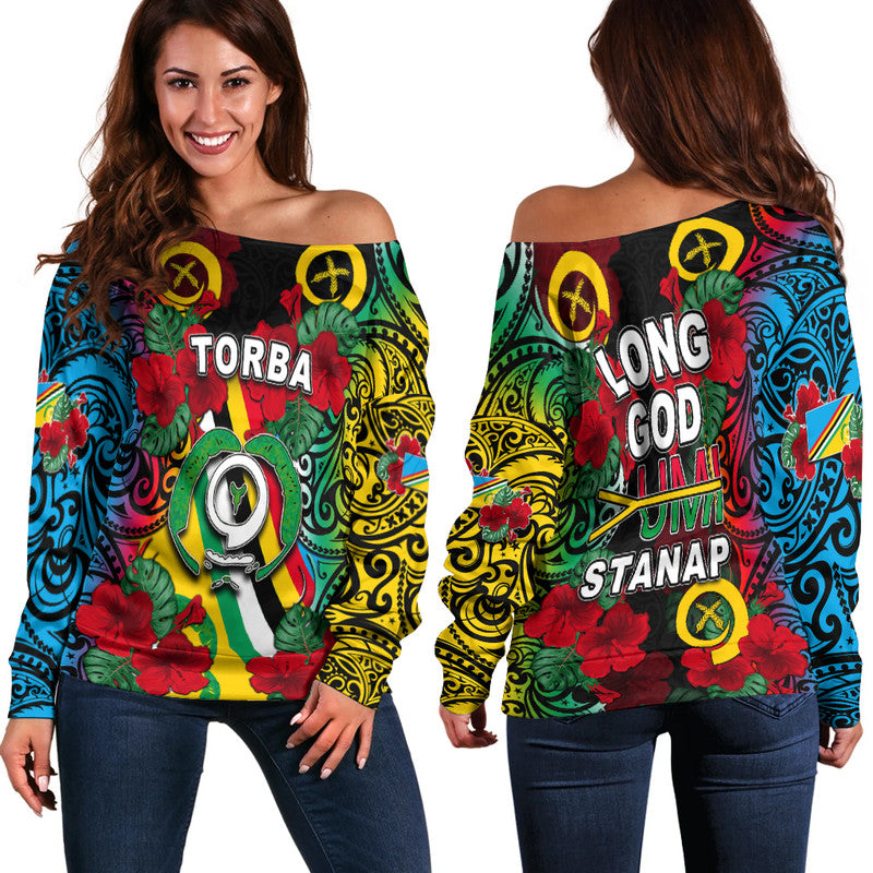 Vanuatu Torba And Hibiscus Off Shoulder Sweater LT6 Women Black - Polynesian Pride