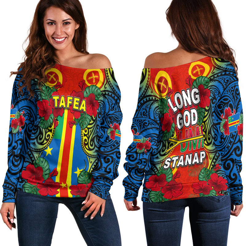 Vanuatu Tafea And Hibiscus Off Shoulder Sweater LT6 Women Black - Polynesian Pride