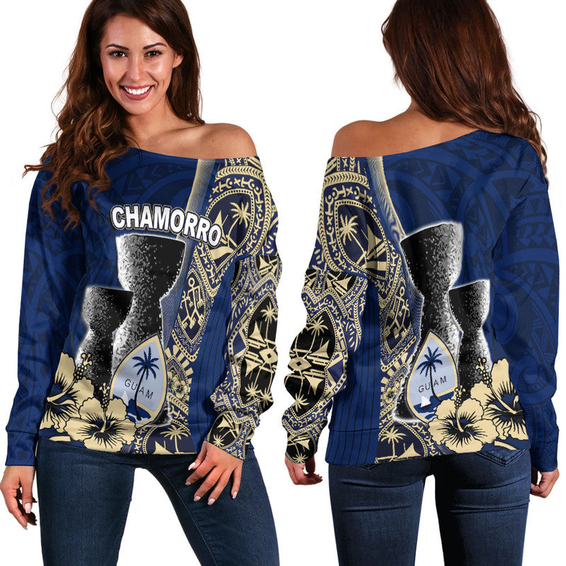 Guam Chamorro Off Shoulder Sweater Blue Style LT6 Women Blue - Polynesian Pride