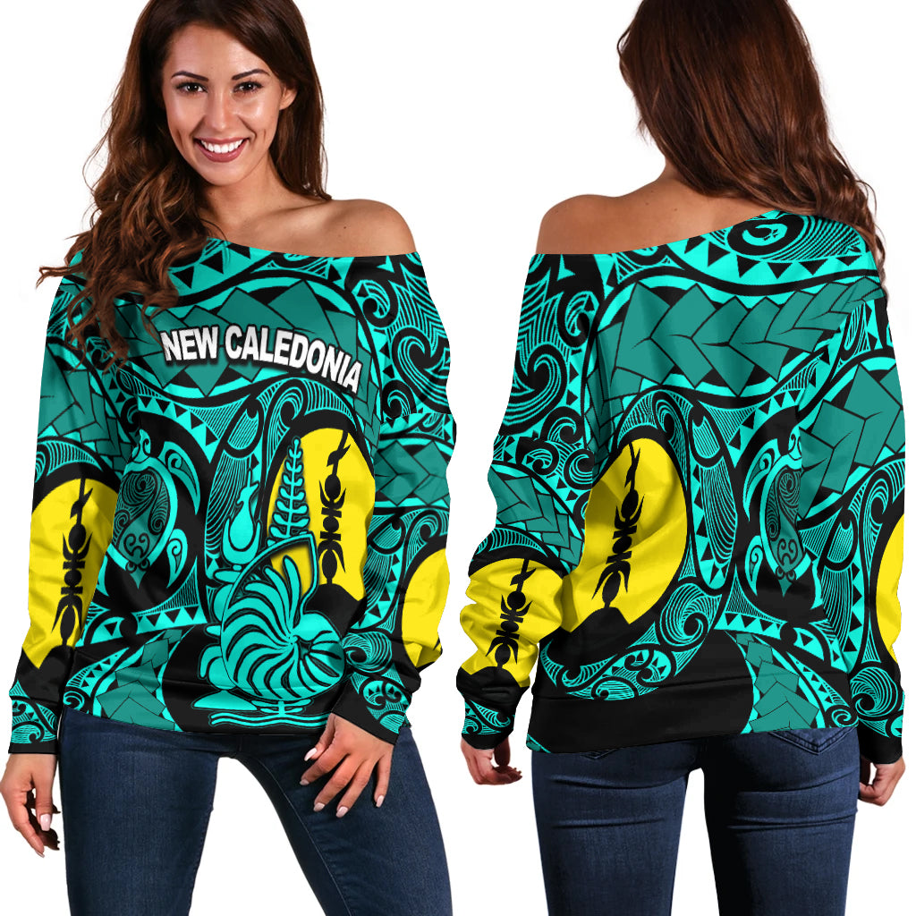 New Caledonia Women's Off Shoulder Sweatshirt Turquoise Color LT6 - Polynesian Pride