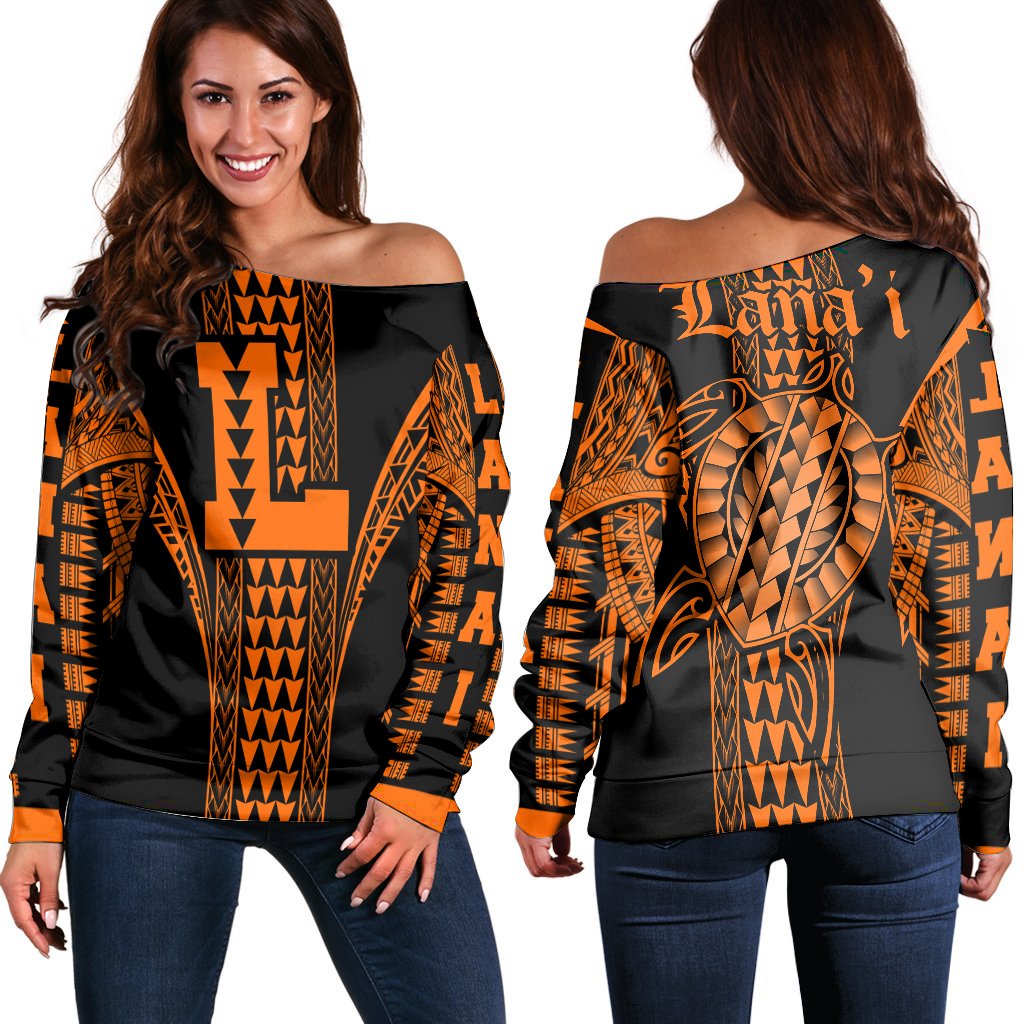 Lanai Island Polynesian Women's Off Shoulder Sweater - Comely Style - AH Orange - Polynesian Pride