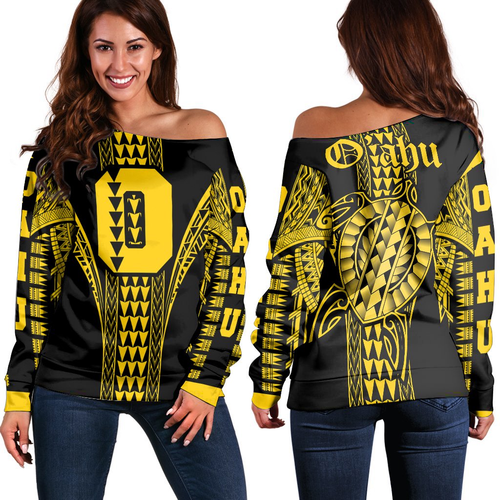 Oahu Island Polynesian Women's Off Shoulder Sweater - Comely Style - AH Yellow - Polynesian Pride