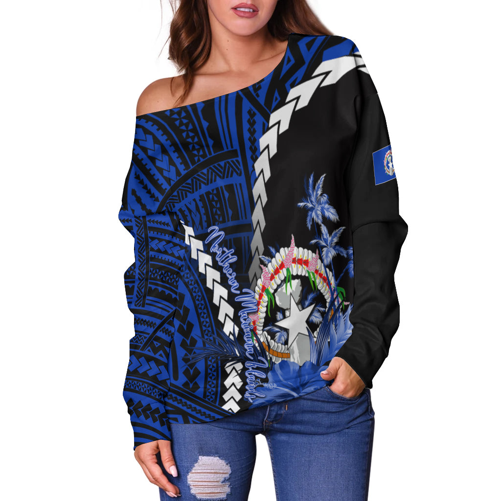 Northern Mariana Islands Women's Off Shoulder Sweater Polynesian Style Blue Color LT6 Blue - Polynesian Pride