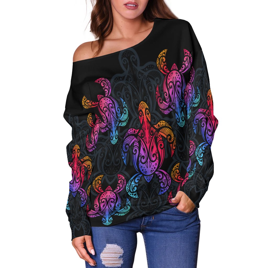 Polynesian Women's Off Shoulder Sweater - Sea Turtle In Tribal Polynesian Style - Polynesian Pride