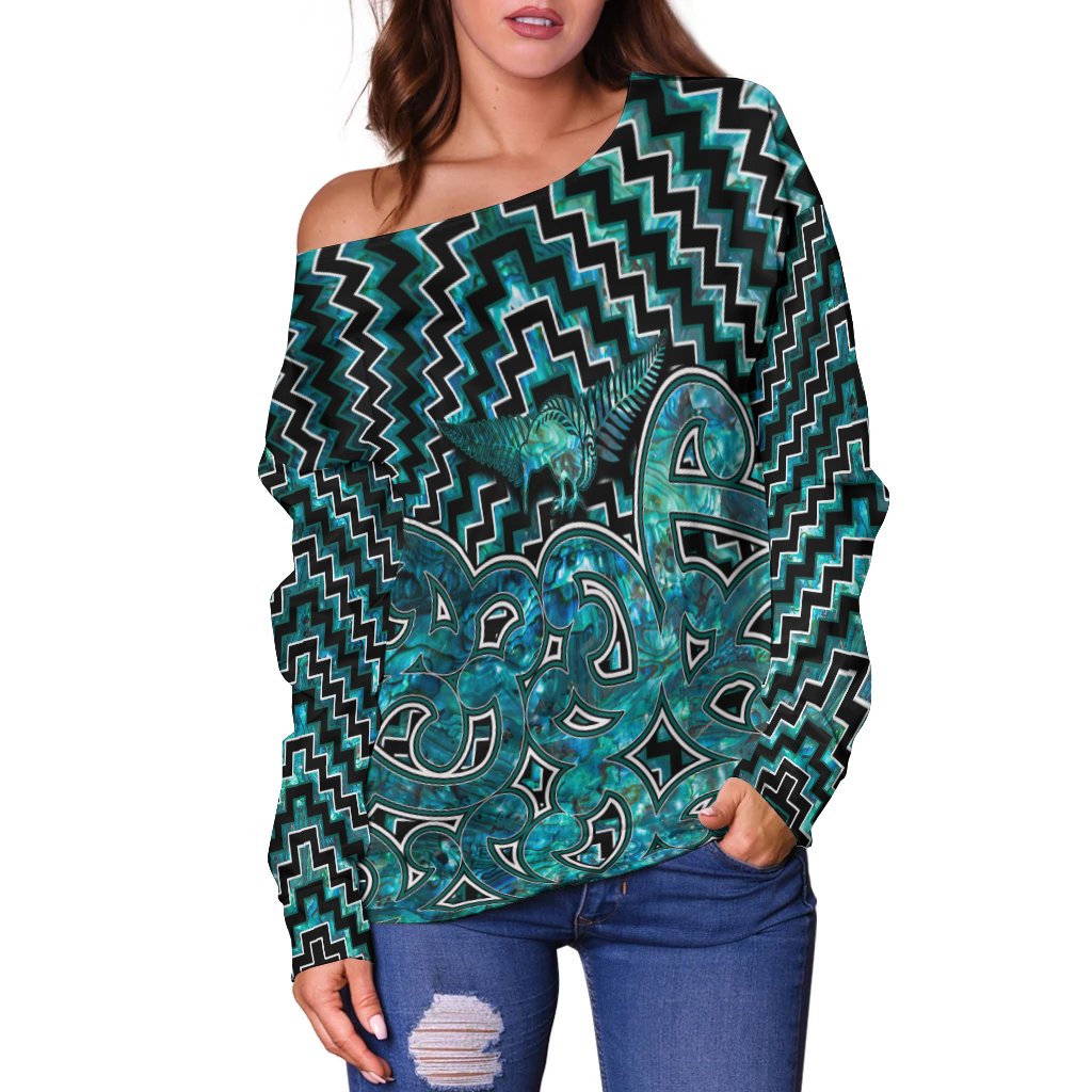 New Zealand Off Shoulder Sweater Maori Graphic Tee patterns Paua Shell LT6 - Polynesian Pride