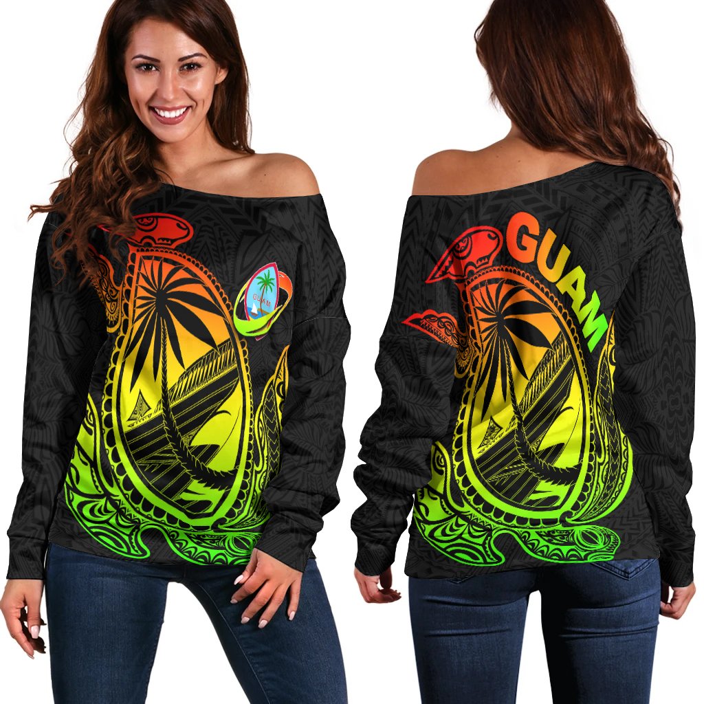 Guam Women's Off Shoulder Sweater Rugby Version Turtle Polynesian Rasta - Polynesian Pride