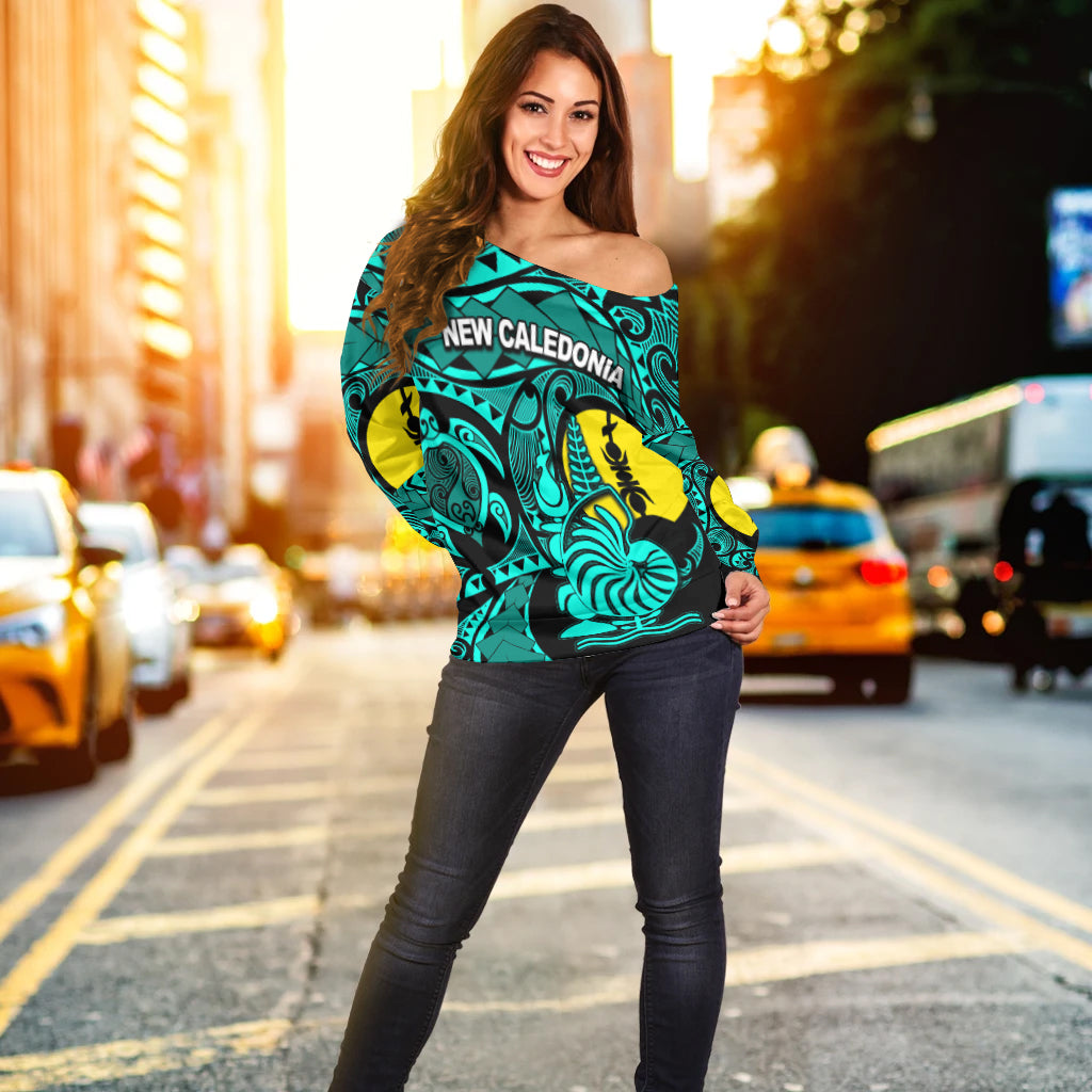 New Caledonia Women's Off Shoulder Sweatshirt Turquoise Color LT6 Green - Polynesian Pride