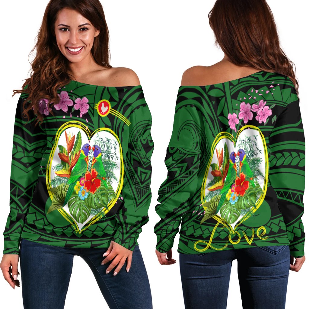 American Samoa Women's Off Shoulder Sweater - The Love Of Blue Crowned Lory Green - Polynesian Pride