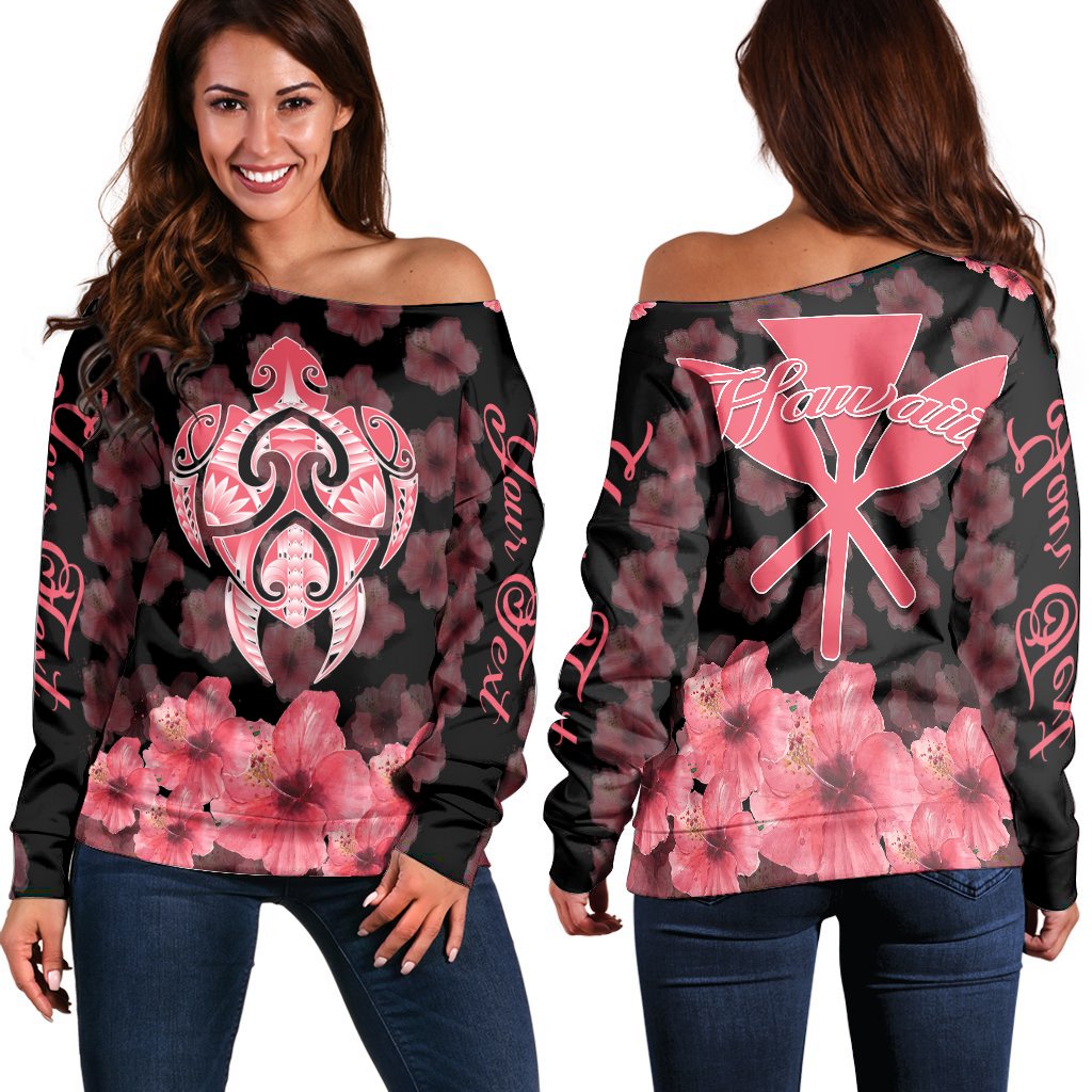 (Personalized) Kanaka Turtle Hibiscus Women Off Shoulder Sweater - Black Pink - AH Black - Polynesian Pride