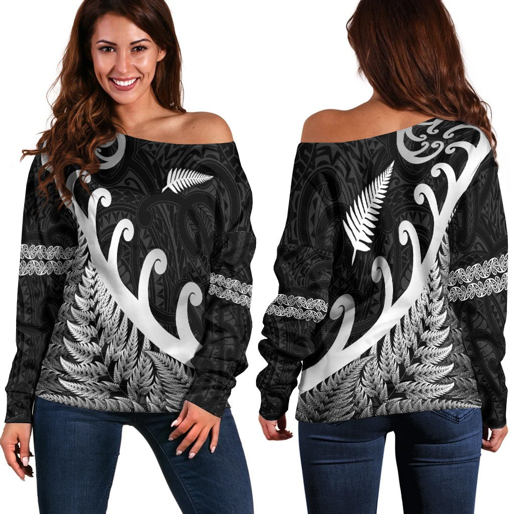 New Zealand Rugby Maori Women Off Shoulder Sweater Silver Fern Koru Vibes - Black LT8 - Polynesian Pride