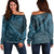 Hawaii Turtle Kanaka Polynesian Women's Off Shoulder Sweater - Sky Style - AH Blue - Polynesian Pride