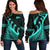 New Zealand Rugby Maori Women Off Shoulder Sweater Silver Fern Koru Vibes - Turquoise LT8 - Polynesian Pride